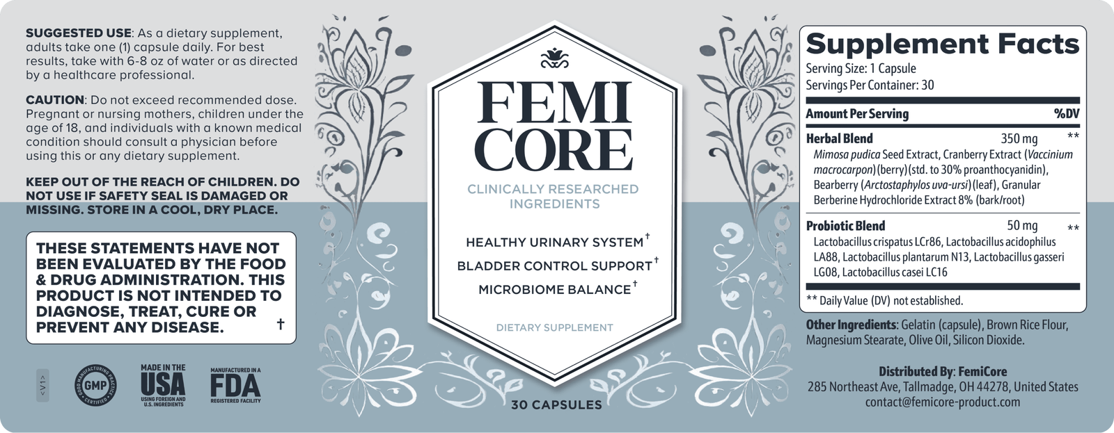 FemiCore label ingredients supplement facts
