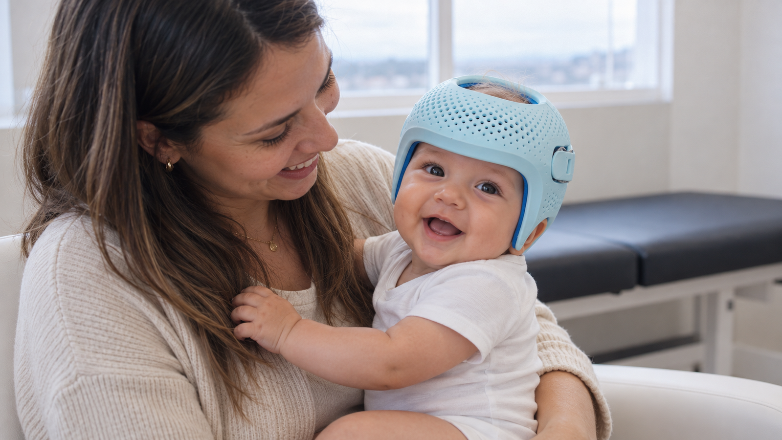 Mãe sorrindo com o bebê no colo usando a órtese craniana 3D azul.