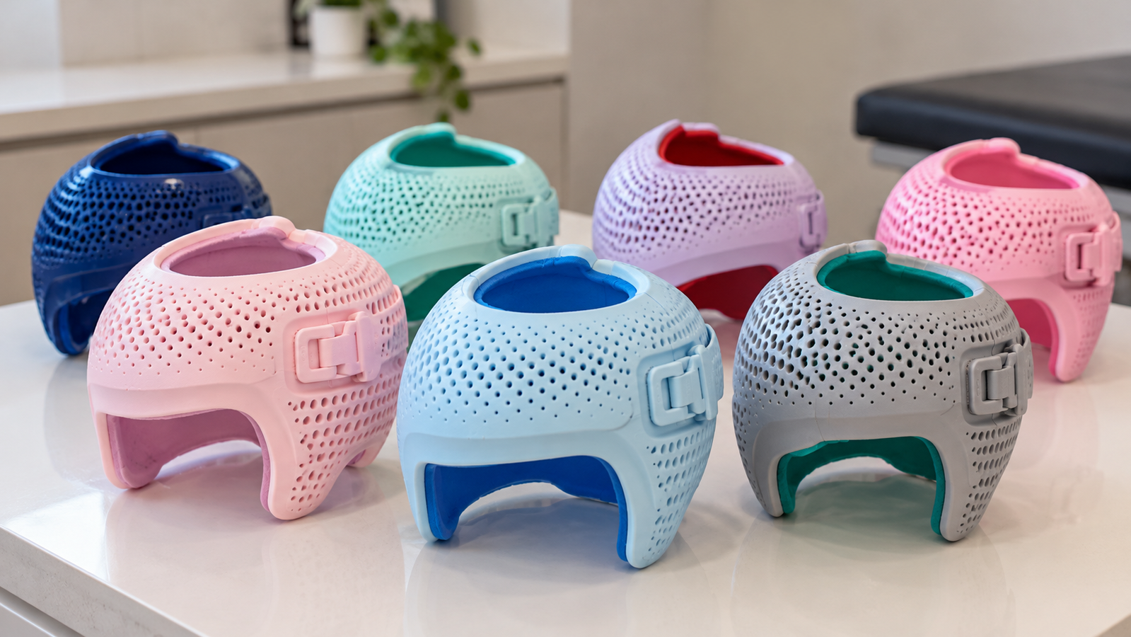 Órteses cranianas 3D furadinhas e coloridas sobre a mesa do consultório.