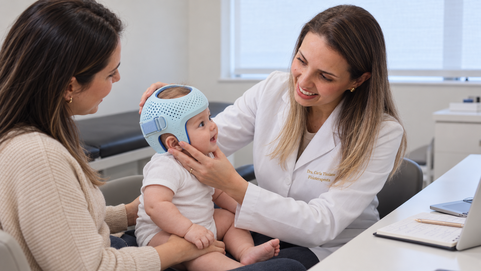 Dra. Carla Tissiane orienta a mãe na mesa do consultório, com o bebê usando a órtese craniana.