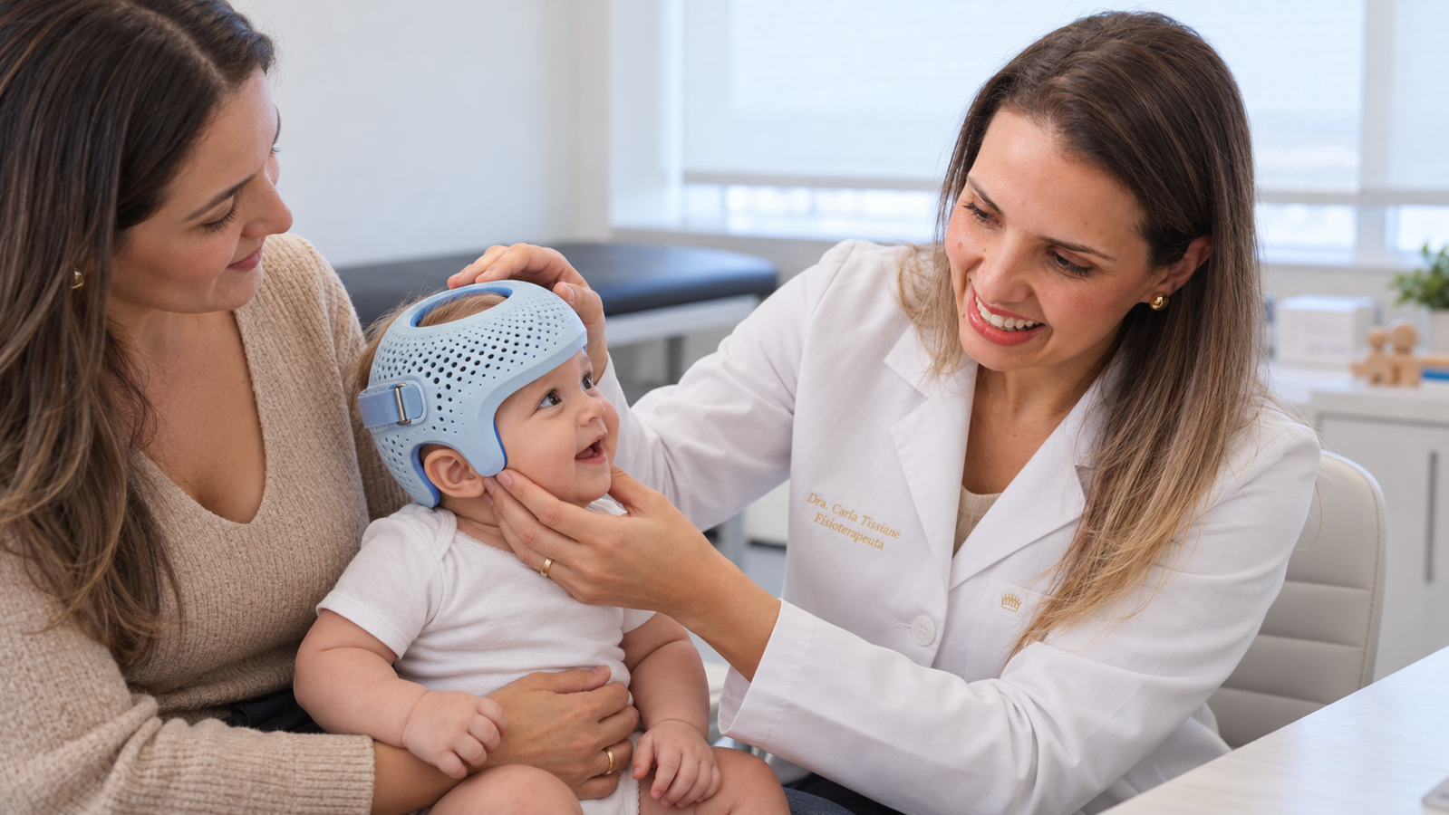 Dra. Carla Tissiane sorrindo enquanto ajusta a órtese craniana 3D azul no bebê, no colo da mãe.