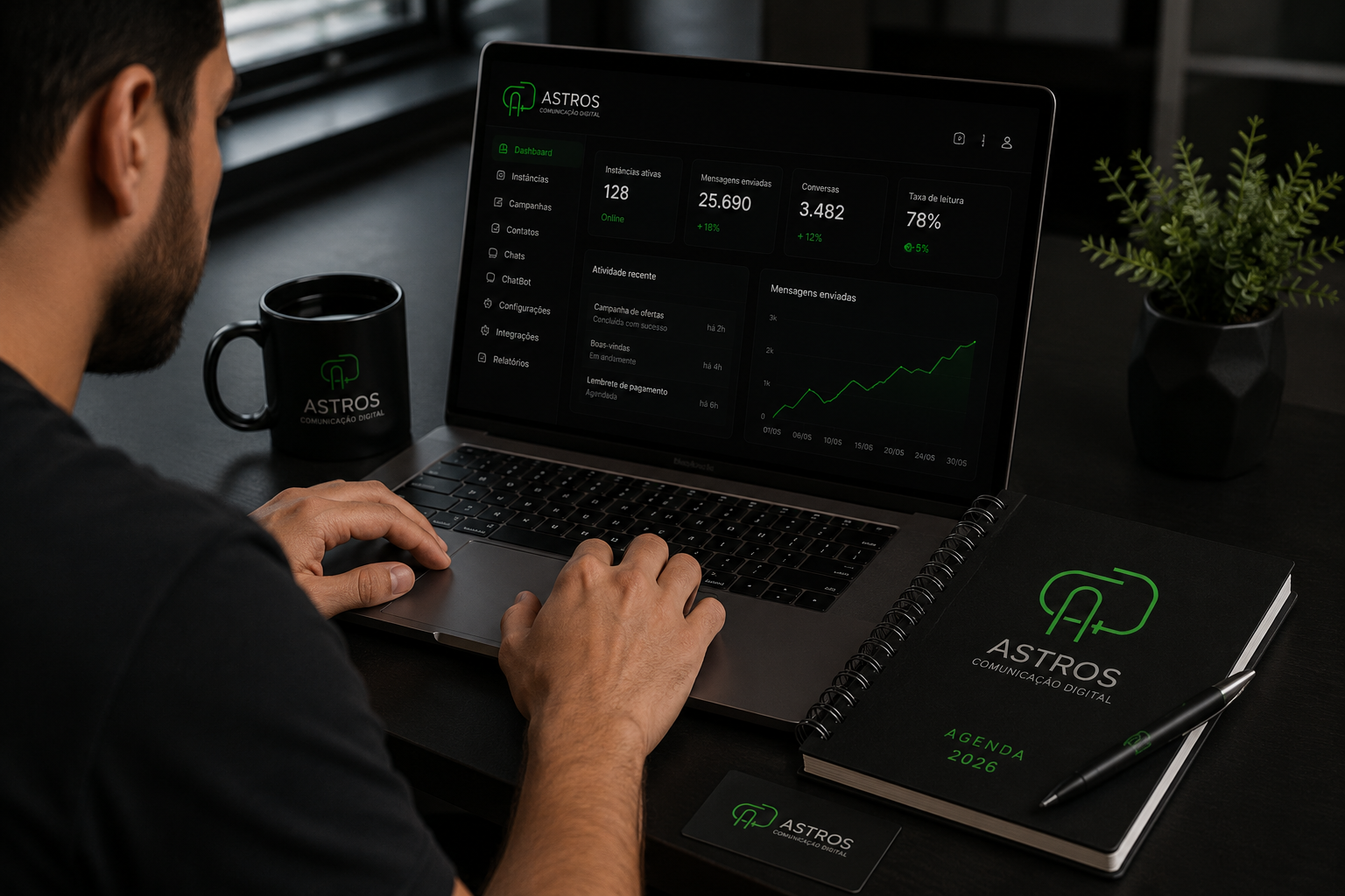 Profissional analisando dashboard de dados e sistemas — Astros Comunicação Digital