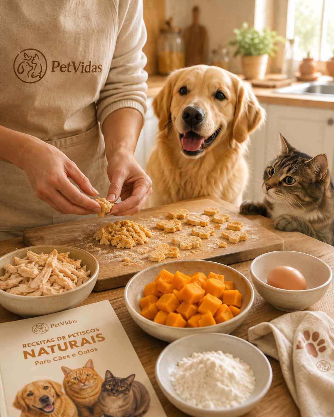Tutor preparando petiscos naturais enquanto cão e gato acompanham
