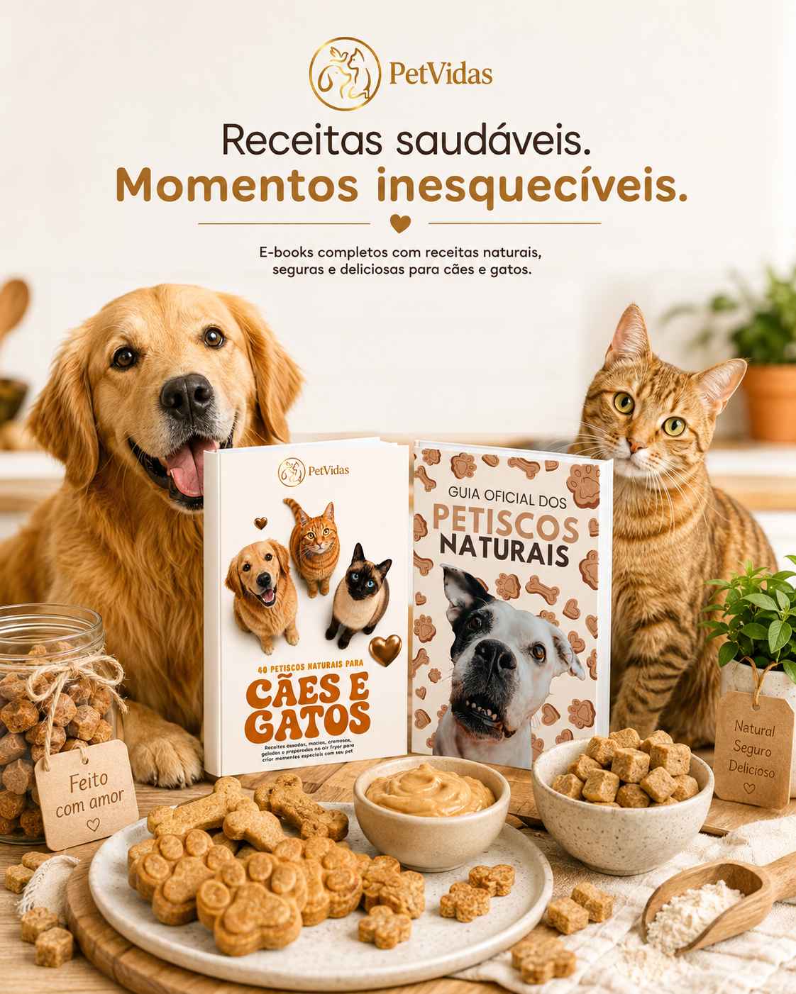 Coleção PetVidas com cão, gato, e-books e diferentes petiscos