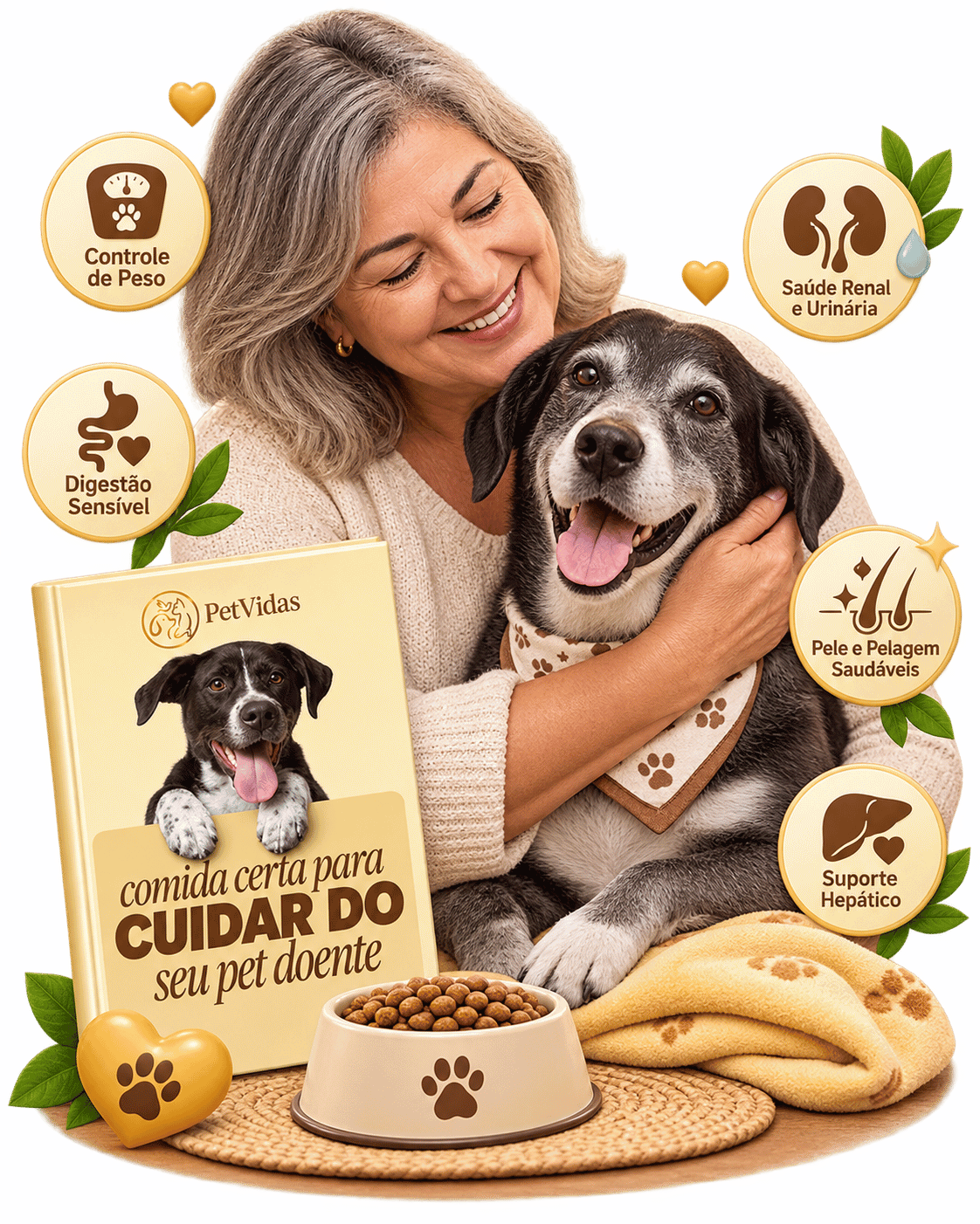 Material PetVidas Comida Certa para o Pet Doente com tutor e cão em cuidado especial