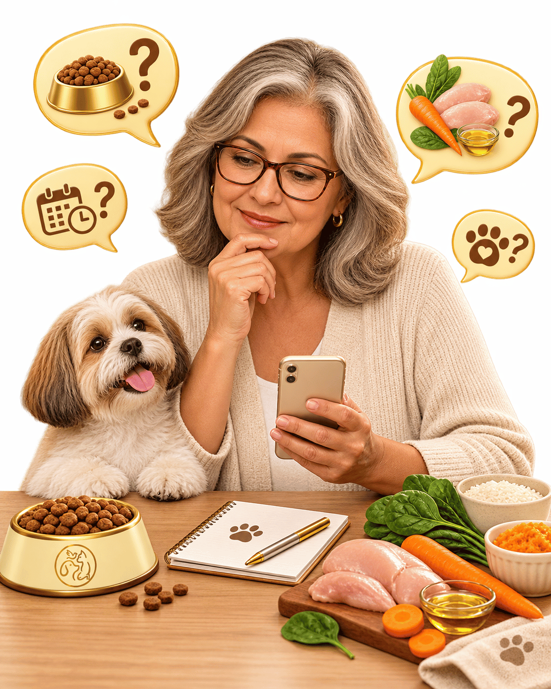 Tutora com seu cachorro pesquisando dúvidas sobre alimentação natural