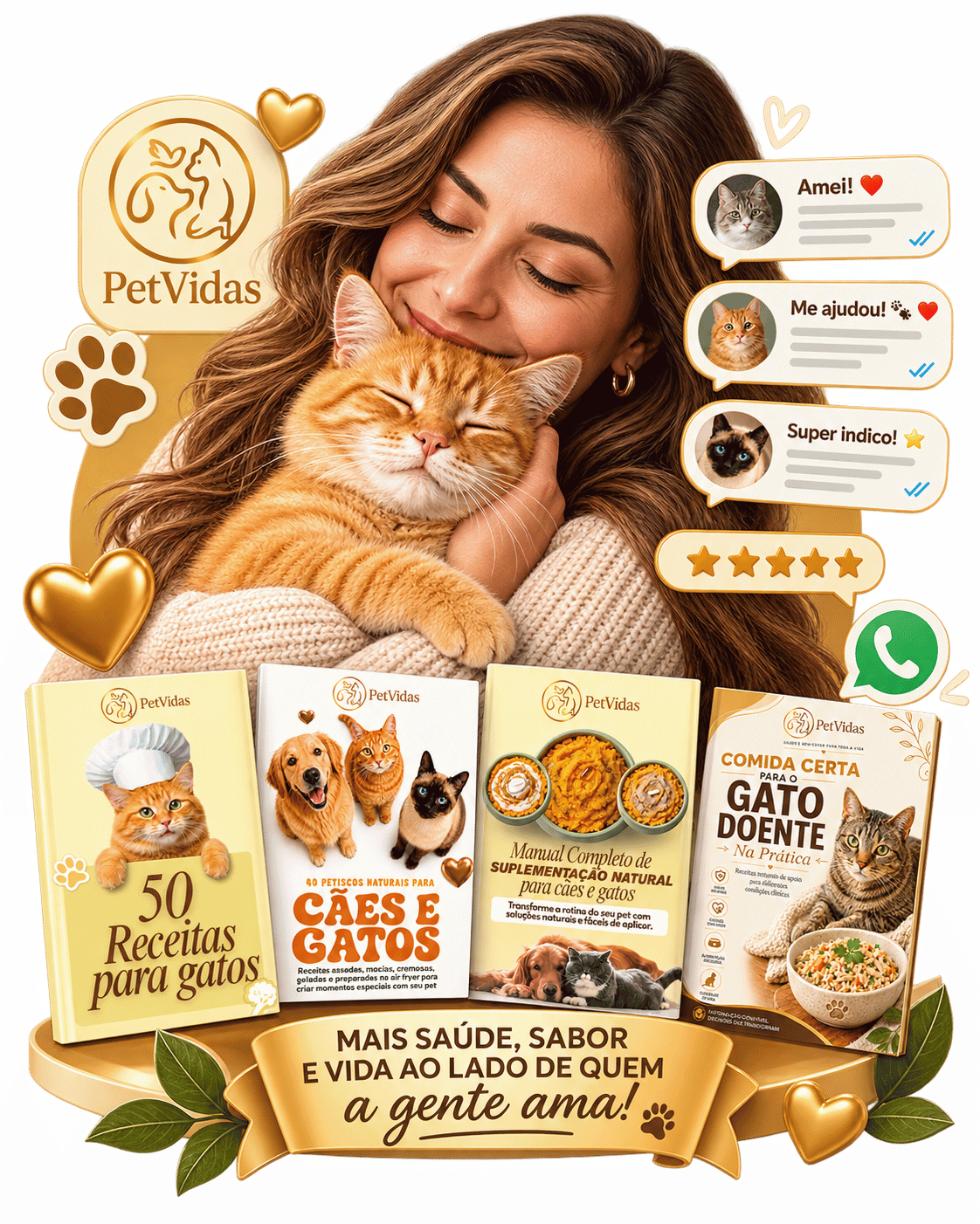 Comunidade PetVidas com mensagens, avaliações e tutora com gato