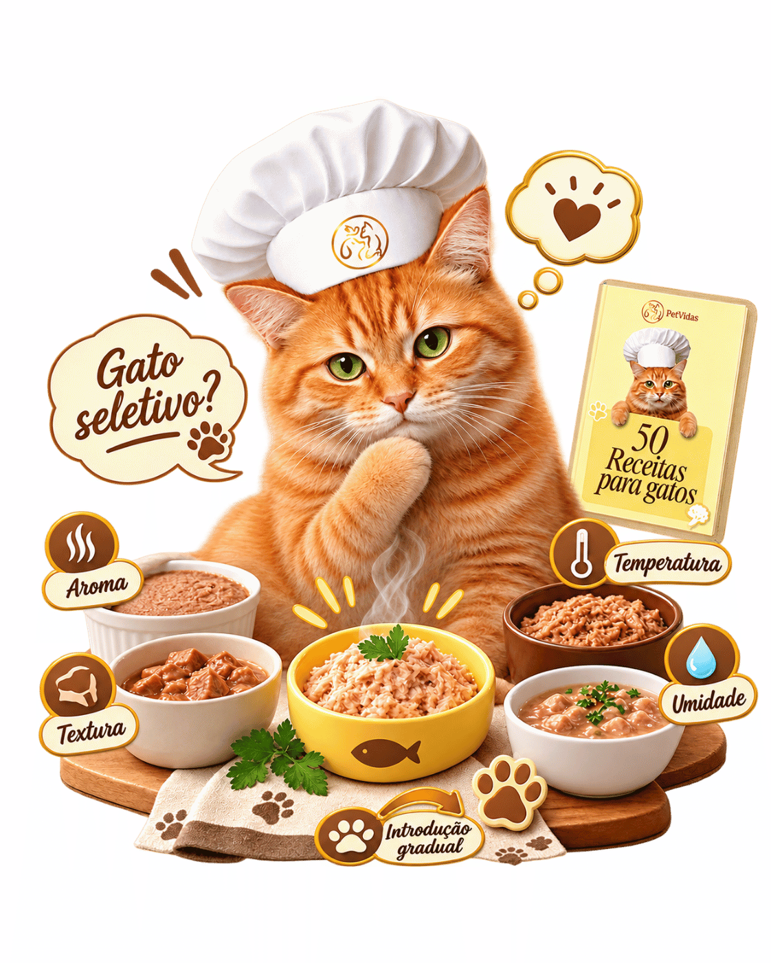 Gato seletivo com estratégias de aroma, textura, temperatura, umidade e introdução gradual