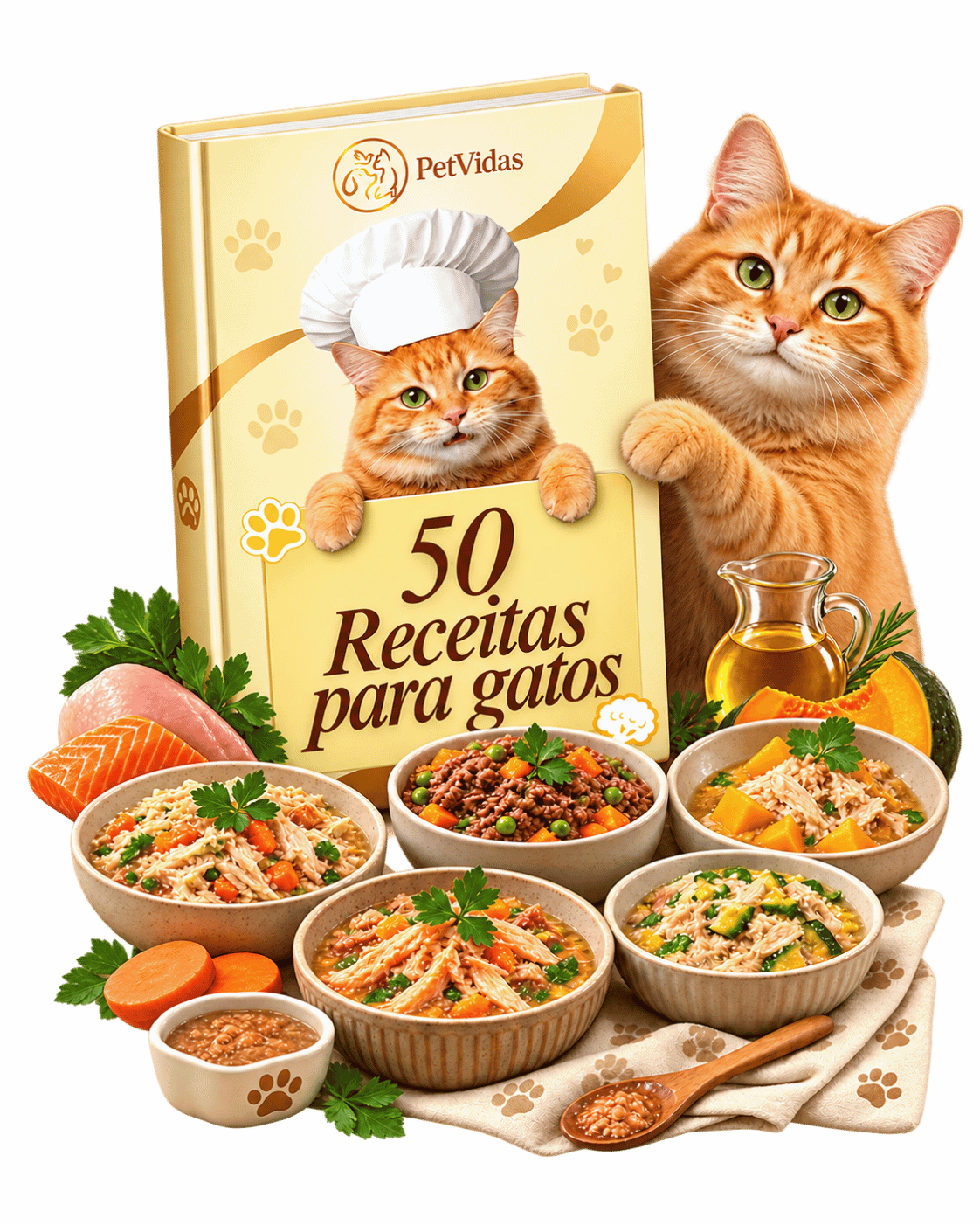 E-book 50 Receitas Naturais para Gatos PetVidas com preparações naturais