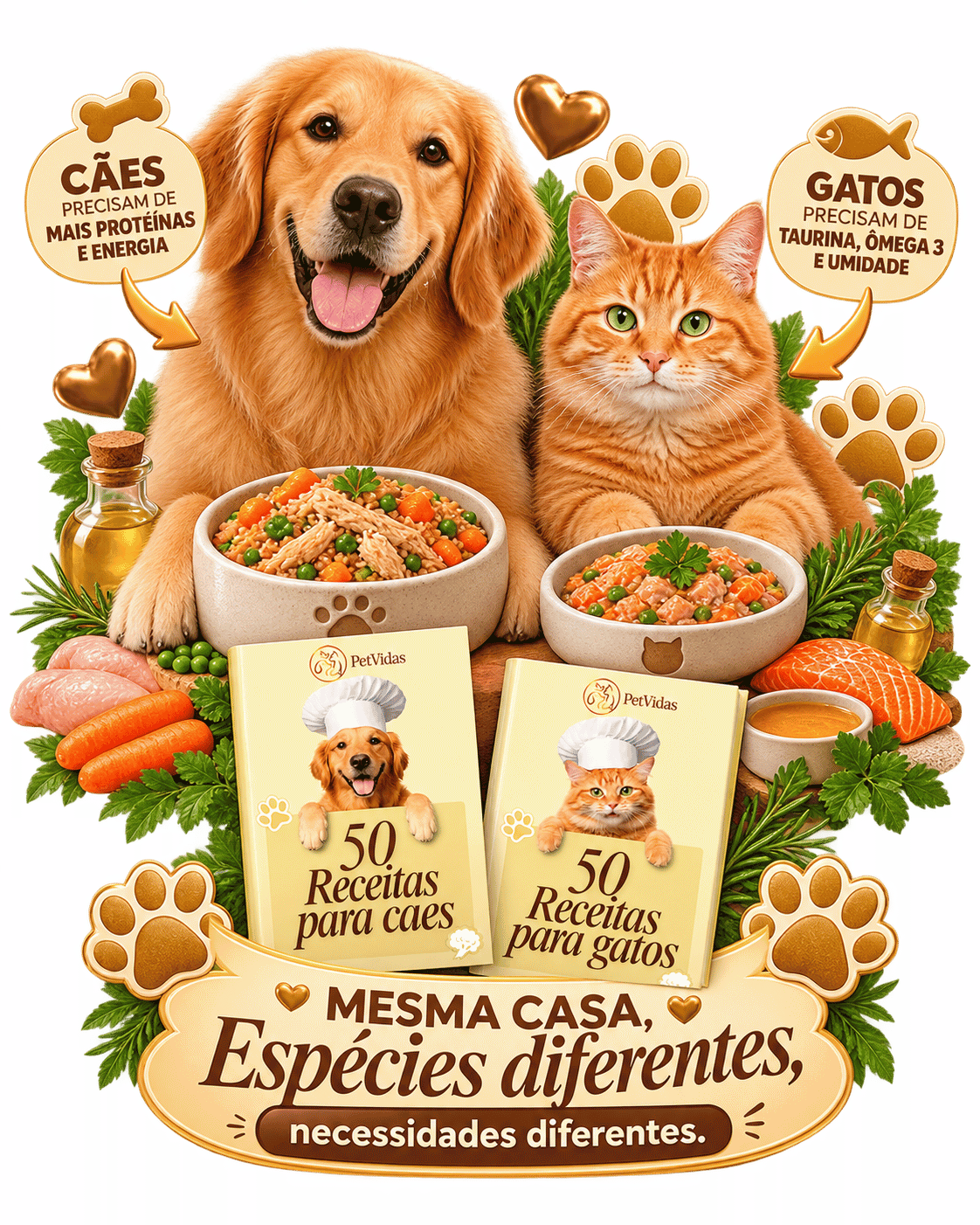 Cão e gato lado a lado mostrando necessidades alimentares diferentes