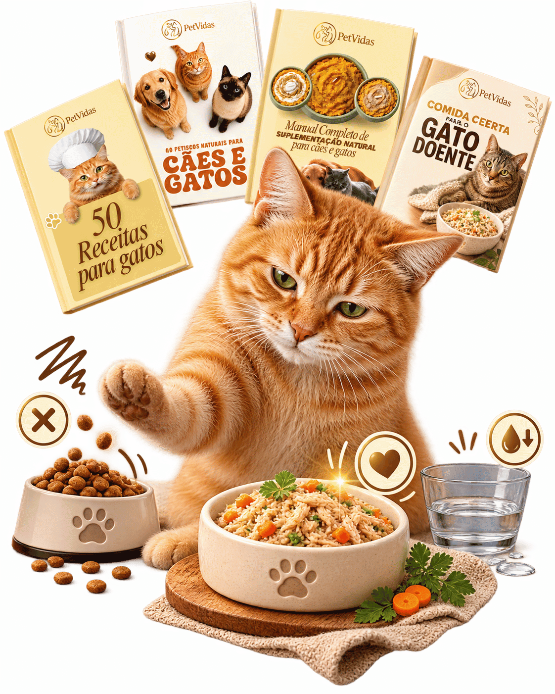 Gato diante de alimentação seca e natural, reforçando seletividade e hidratação
