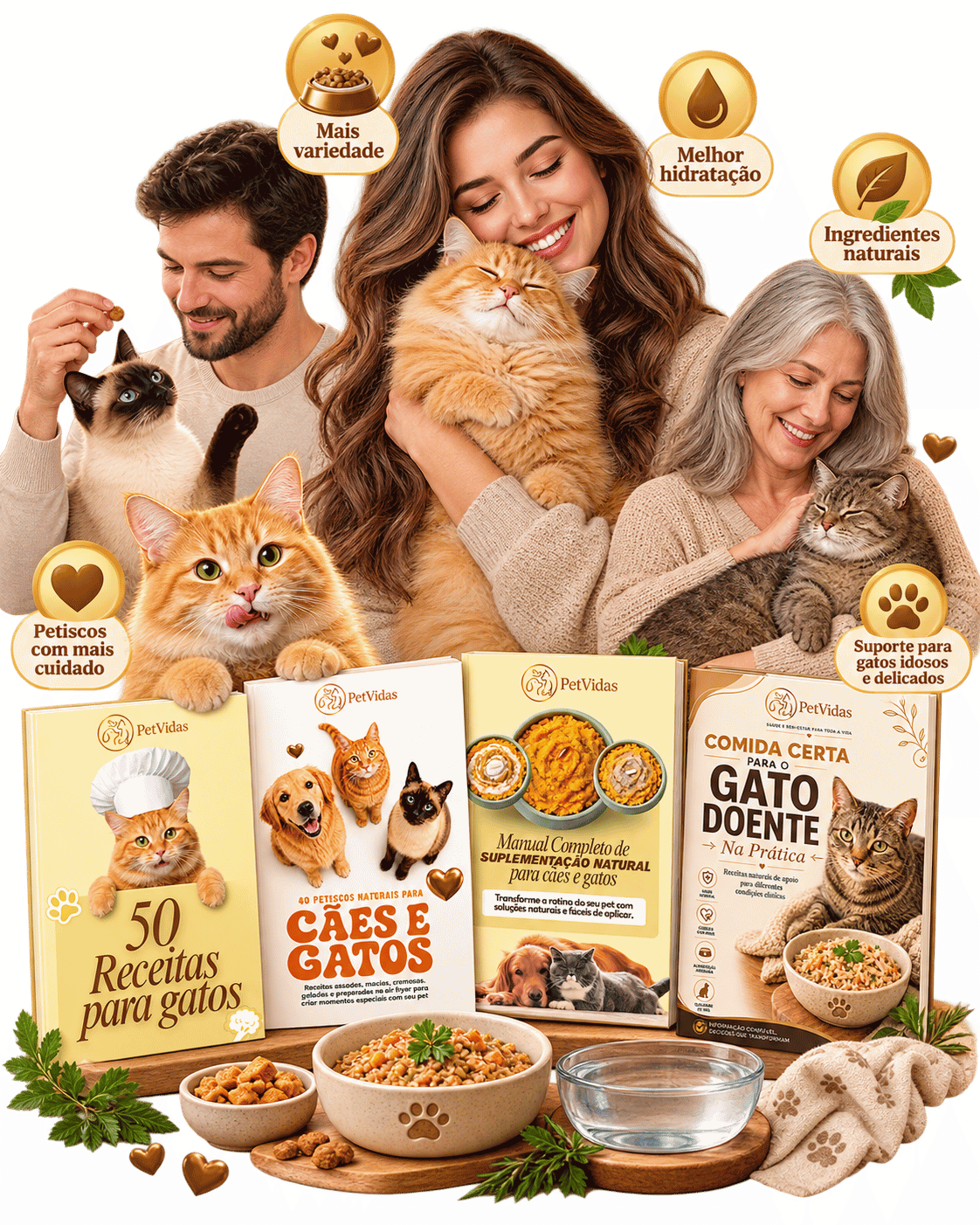 Diferentes tutores e gatos representando para quem é a coleção PetVidas