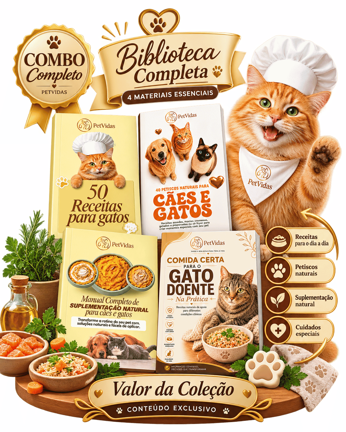Quatro materiais do Combo Completo PetVidas para Gatos